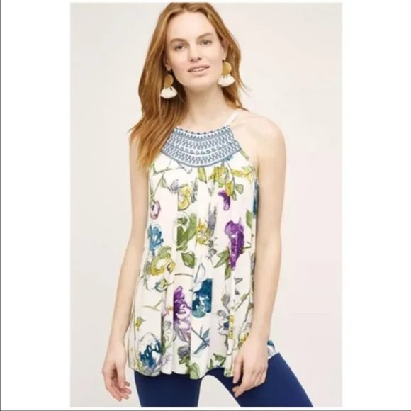 Anthropologie One September Isabel Floral Embroidered High Neck Tank Top M NWT - Picture 1 of 7